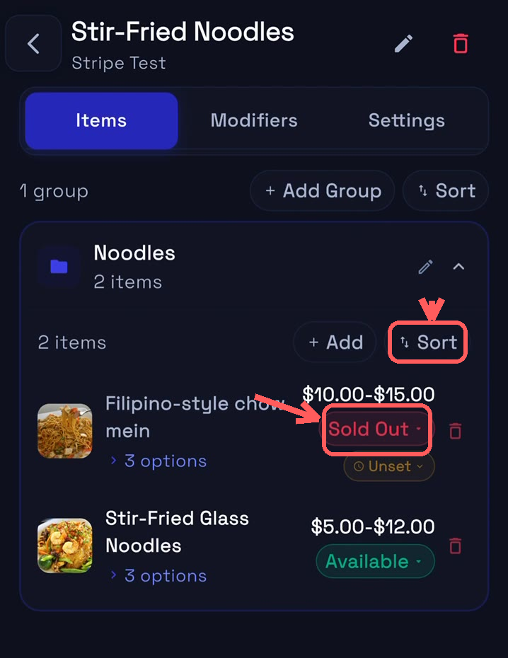 Change an item's status