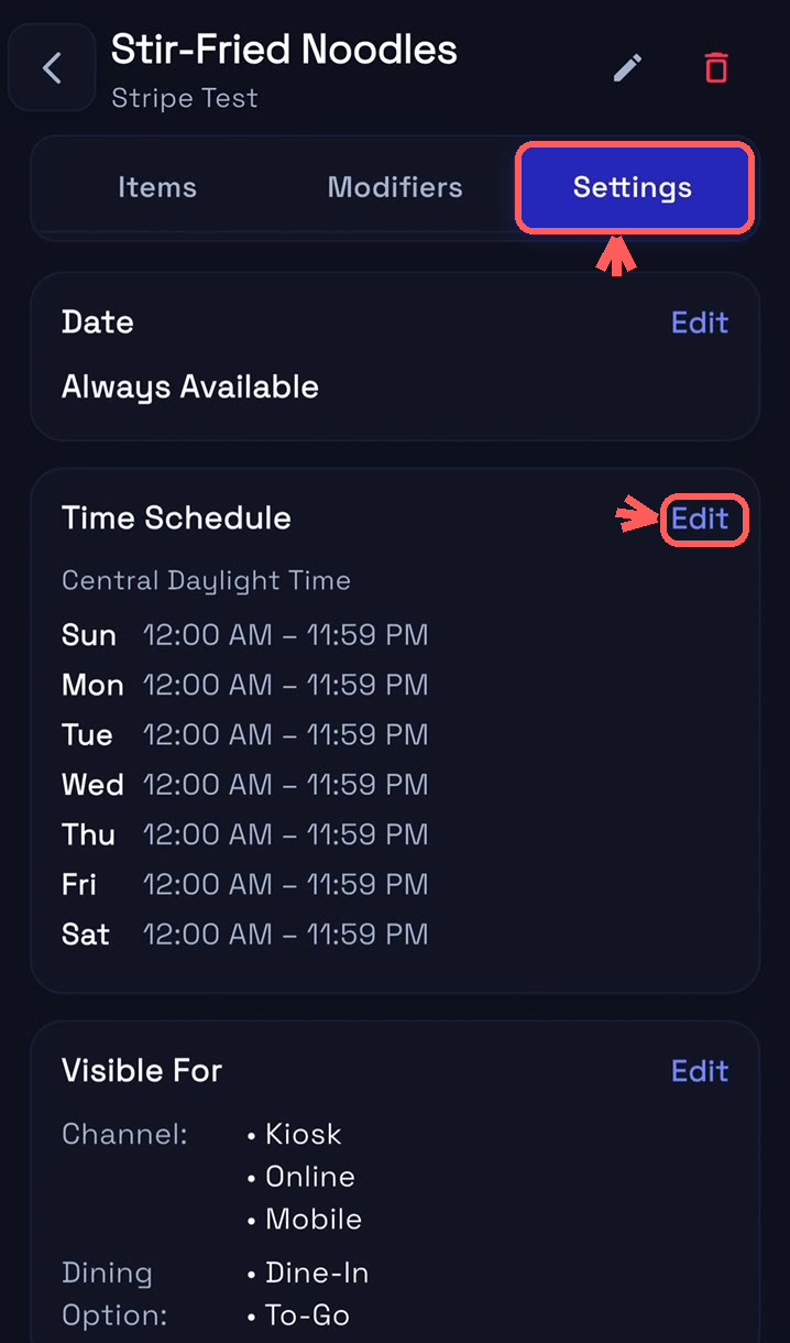 Change menu availability (hours)