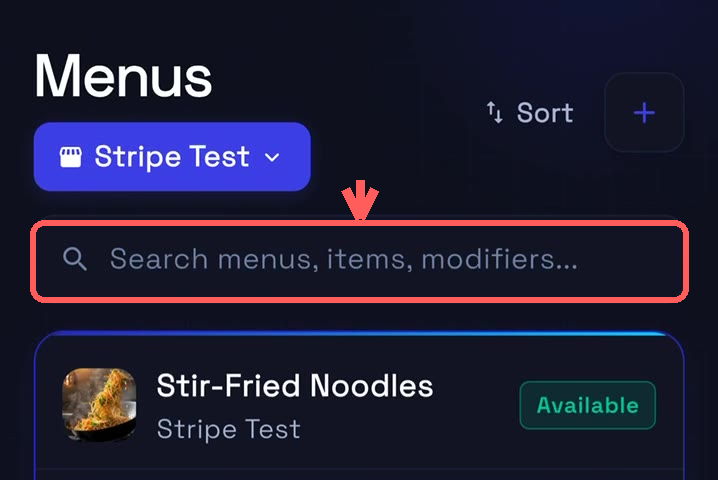 Search for a menu, item, or modifier